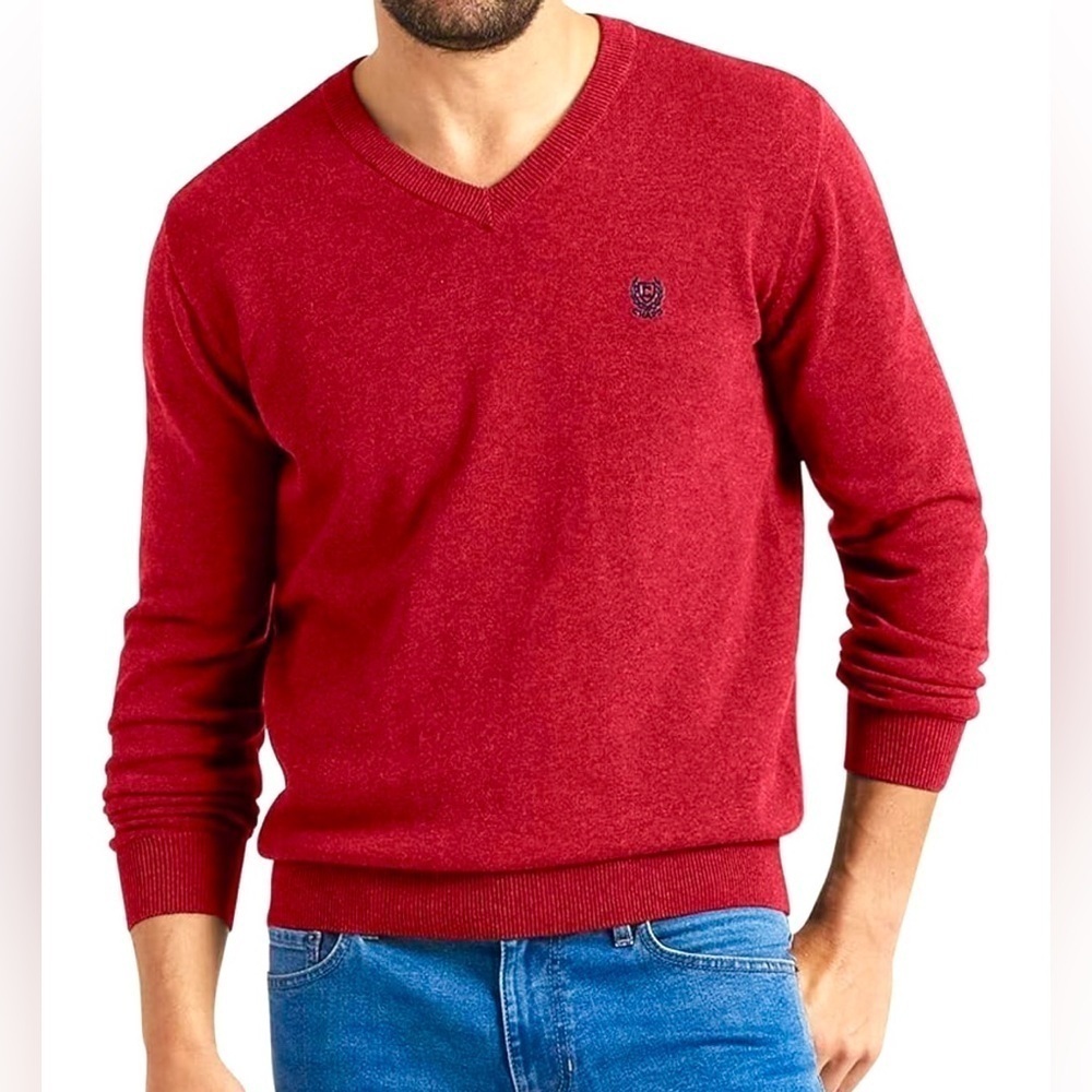 Chaps Mens Cotton & Cashmere Blend V-Neck Sweater Red Size L Soft Preppy